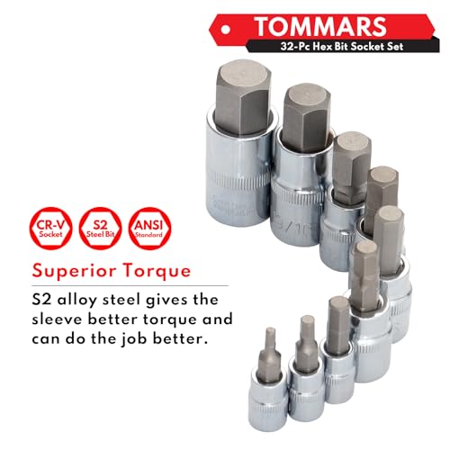 TOMMARS 32-PC Master Allen Hex Bit Socket Set, SAE & Metric | 1/4", 3/8", 1/2" Drive, 5/64 - 3/4 & H2 - H19, S2 Steel - style: Hex Bit Socket Set(32PCS)