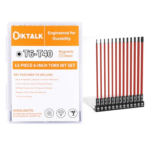 Long Torx Bit Set 6-Inch, 13PCS T6–T40, Magnetic S2 Steel Torx Bits with 1/4" Hex Shank, Extended Reach Torx Set for Deep & Hard-to-Reach Screws, Impact Ready