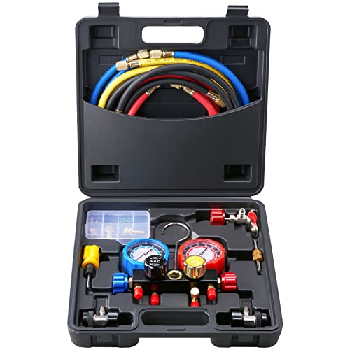 VEVOR 4 Way AC Gauge - AC Manifold Gauge Set for R134A R22 R12 R410A Refrigerant, Freon Gauges with 5ft Hoses, Couplers, Can Tap Works on Car Auto Freon Charging and Evacuation - size: R134a/R22/R12/R410a, style: 4 Way with Box