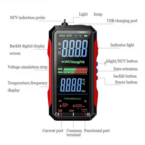 FS899S Smart Digital Multimeter,USB-C Rechargeable 6000 Counts RMS Tester | HD Color Screen Voltmeter with Voice Broadcast, NCV & Live Wire Detector for Automotive, Home & Industrial Repair
