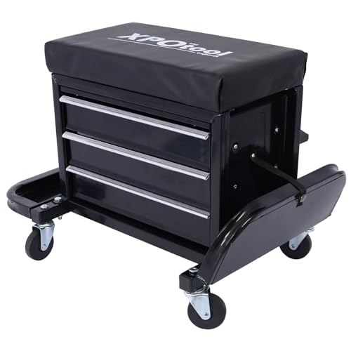 Mechanic Roller Seat with Tool Box, 3-Drawer Rolling Tool Chest Stool Mechanic Stool with Side Tool Trays