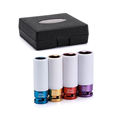 EMENTOL 4PCS 1/2" Drive Thin-Walled Impact Drive Lug Nut Socket Set, CR-MO, Metric, Protective Wheel Impact Socket Set-17mm, 19mm, 21mm, 22mm - size: 4PCS