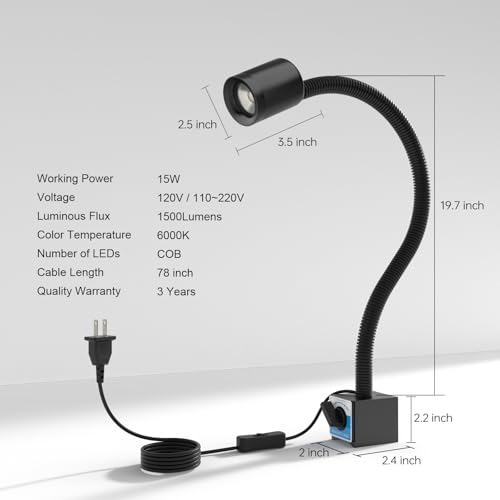 LED Magnetic Work Light, 1500lumens 20in Flexible Gooseneck Work Lamp with Strong Magnetic Base for Lathe Machines, Workbenches. 15W,Yuan 915