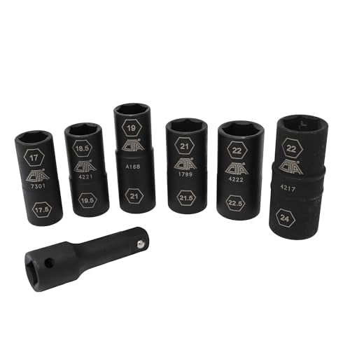 CTA Tools 7307 7 Pc. Flip Socket Set - Removal of Inflated, Warped and Mangled Chrome-Cap Style Lug Nuts - size: 7pc Set-17mmX17.5mm-27mmX27.5mm-1/2" Drive Ext