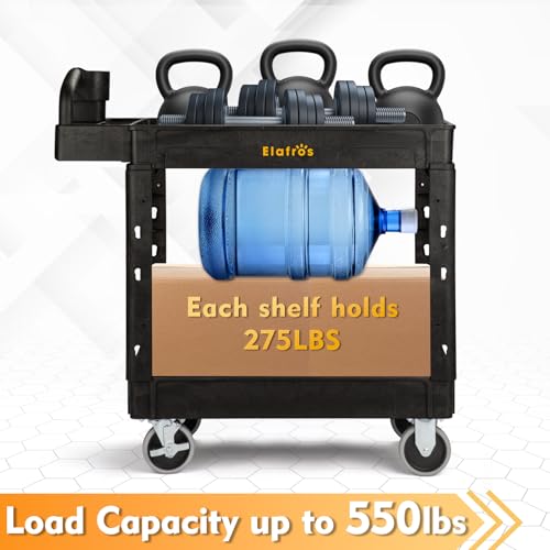 ELAFROS 2-Tier Heavy Duty Utility Cart with Ergonomic Handle, 37.5 x 17 in | 550 lbs Capacity, Deep Shelves, Built-In Tool Compartments, Rolling Service Cart, Work Cart, Mobile Storage Organizer, Garage