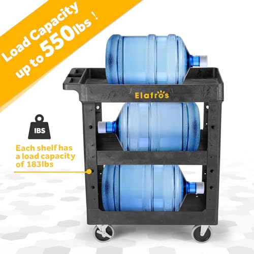 ELAFROS 3-Shelf Heavy Duty Plastic Rolling Utility Cart, 34 x 17 x 38.5 in | 550 lbs Capacity, Deep Shelves, 4 Swivel Wheels, Service Cart, Tool Cart, Work Cart, Garage Warehouse Shop Storage Organizer