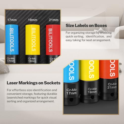 BILITOOLS 5pcs 1/2’’ Drive Impact Lug Nut Socket Set, 15/17/19/21/22mm | Non-Marring Socket Set, CR-MO Steel, 6-Point Flank Drive, Color-Coded Sleeves, Scratch-Proof, fits Impact Wrenches - size: 15 17 19 21 22 mm