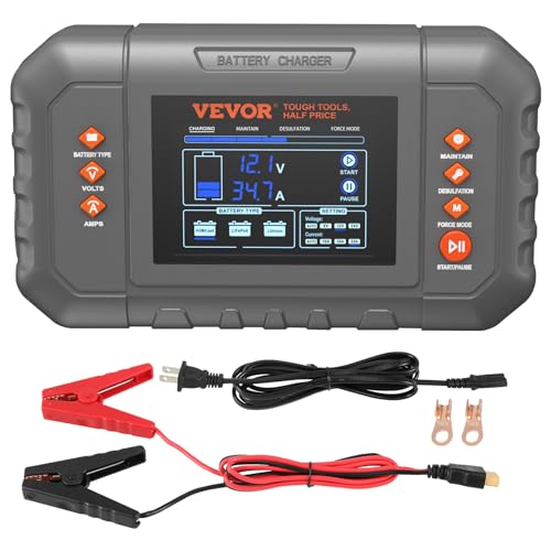 VEVOR Smart Battery Charger, 35-Amp, Lithium LiFePO4 Lead-Acid (AGM/Gel/SLA) Car Battery Charger with LCD Display, Trickle Charger Maintainer Desulfator for Boat Motorcycle Lawn Mower Deep Cycle - size: 7.9 x 4.5 x 2.12 in