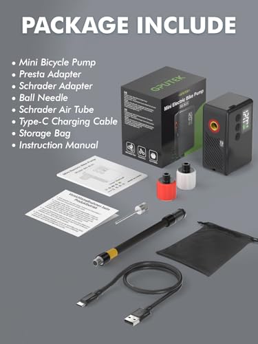 GPUTEK Mini Bike Pump Electric for Presta and Schrader Valves Bicycle Tire | Fast Inflate, Portable, 120 PSI Air Pressure, with Digital Gauge for Road Bike, Mountain Bike, E-Bike