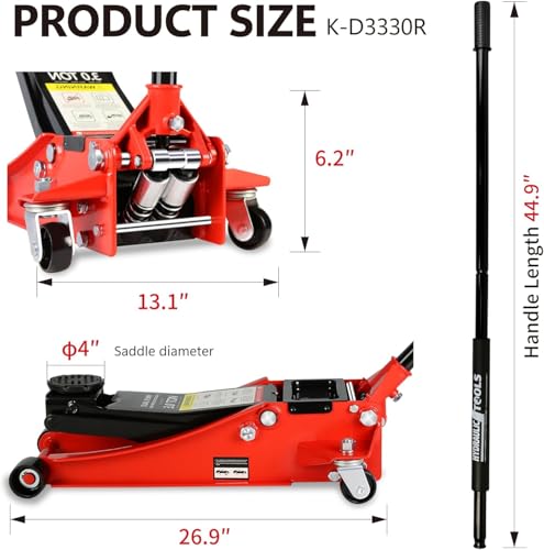 3 Ton Low Profile Floor Jack, Heavy Duty Floor Jack with Dual Pistons Quick Lift Pump, Steel Car Jack Adjustable Height 3.3"-18.5", Hydraulic Trolley Floor Jacks 3 Ton/6600 LB Capacity, Red - color: Red - 3 Ton(Dual Pump), Lift 3.3"-18.5"
