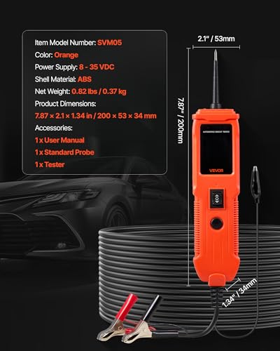 VEVOR Automotive Circuit Tester, 8-35 DCV Power Circuit Probe Tester with TFT Color Display and Lighting, Automotive Power Tester Probe with 13 ft / 4 m Cable, ABS Shell Electrical Detector Finder - style: SVM05