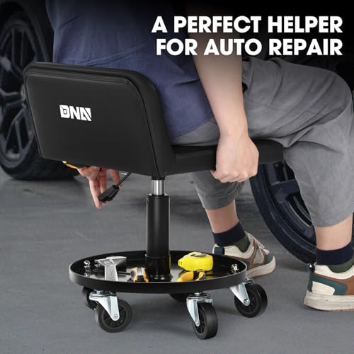 DNA Motoring Rolling Padded Seat Adjustable Height Seat 330lbs Capacity Rolling Mechanic Creeper Stool, W/Tool Storage Drawer & Tray, Black, TOOLS-00601 - style: Round Tray Black