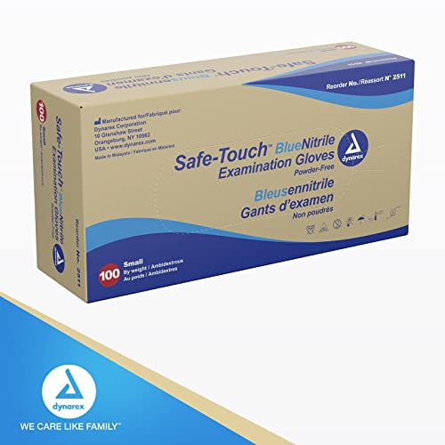 Dynarex Safe-Touch Disposable Nitrile Exam Gloves, Powder-Free, Latex-Free, Touchscreen Friendly, Blue, Small, 1 Box of 100 Disposable Nitrile Gloves - size: Small
