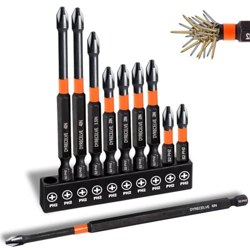 10-Pack Phillips Bits #2 Impact Magnetic, 1-Inch to 6-Inch Long Phillips Head Drill & Screwdriver Bits, PH2 Premium S2 Steel 1/4" Hex Shank for Impact Drivers, Professional & DIY Use - color: 1'' to 6'' Ph2 10-pcs