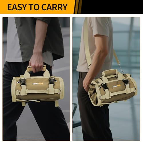 GrenPRO Roll Up Tool Bag, Tool Roll Up Bag with Detachable Tool Pouches, Soft Rollable Tool Pouch, Tool Organizer for Electricians, DIY, Valentines Day Gifts for Him Dad Men Mechanic Welding, Khaki - color: Khaki