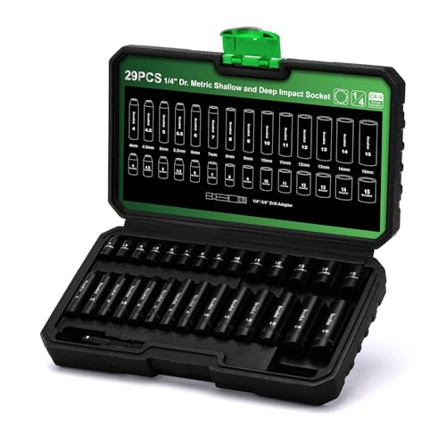 TecoTek 29 Pieces 1/4-Inch Drive Shallow and Deep 12-Point Impact Socket Set, CR-V, 4-15mm Metric, 1/4"-1/4" Drill Adapter - size: 4 - 15 mm (29 PCS)