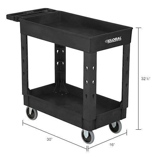Global Industrial Industrial Service & Utility Cart, Plastic 2 Shelf Tray Black, 38” x 17-1/2”, 5" Rubber Casters - color: Black