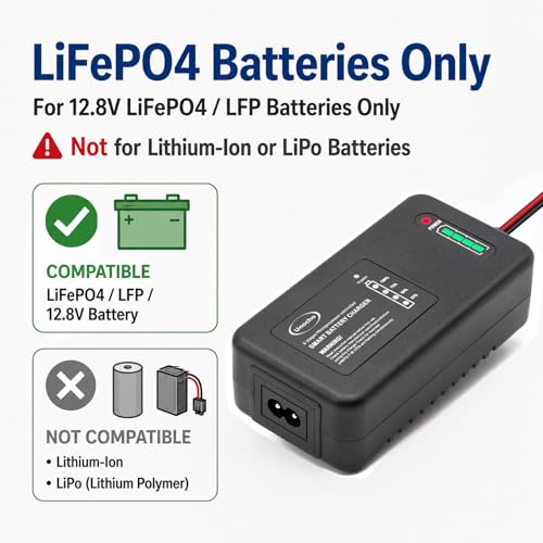 Unocho 14.6V 4A LiFePO4 Battery Charger 4-Stage Smart Charger Maintainer for 12.8V Lithium Iron Phosphate Batteries, BMS Wake-Up, LED Indicator, Clips and Ring Terminals