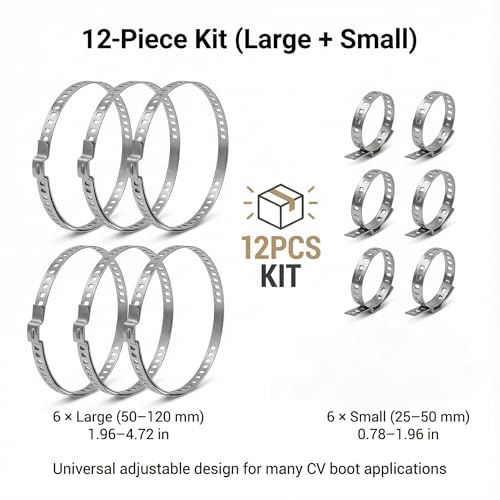 Universal Adjustable Stainless Steel CV Boot Clamp Kit - 12PCS (6 Large 50-120mm & 6 Medium 25-50mm) Heavy Duty Drive Shaft Clamps