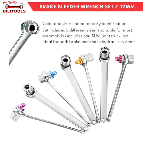 BILITOOLS Brake Bleeder Wrench Set, 7 8 9 10 11 12 MM Brake Bleeding Kit | 7PCS Brake Bleeding Wrench Set with Non-return Check Valve, Silicone Hose and Storage Case