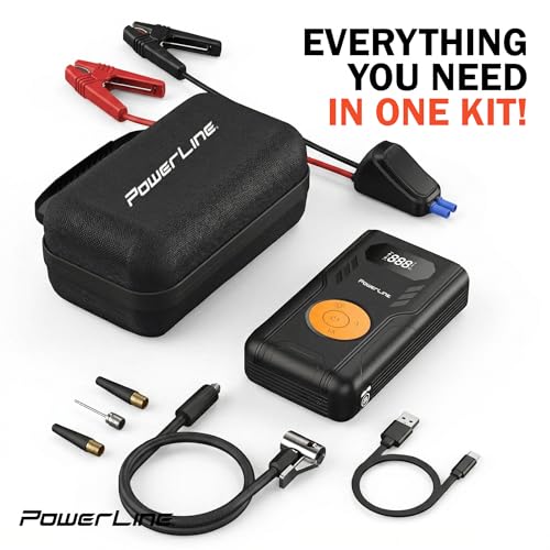 PowerLine Car Battery Jump Starter with Air Compressor - 4-in-1 Pump & Jump 1200A Car Battery Jumper with Tire Inflator, 3 USB Charging Ports & LED Light - Up to 5.2L Gas & 3.5L Diesel Trucks, 120 PSI