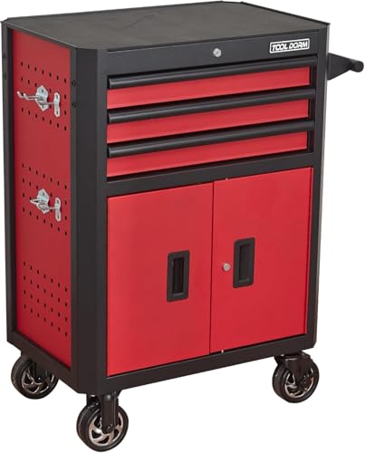 Rolling Tool Chest with Locking Wheels - Tool Box with 3 Drawers & 1 Big Tool Cabinet with 2 Door, 18.5" D x 28" W x 40" H Mobile Tool Storage Cabinet, Heavy-Duty Garage Organizer w/Ergonomic Handle - color: Red and Black