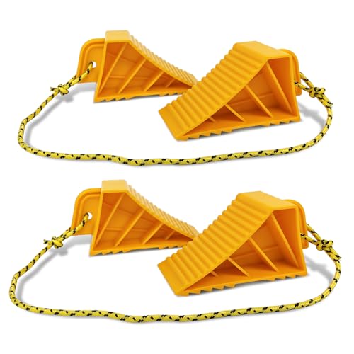 ROBLOCK 4 PCS Wheel Chocks with Rope for Travel Trailers, Non-Slip Grooved Wheel Blocks for RVs, Campers, Trucks, Cars, Boat Trailers, Parking Stabilizer RV Accessories, Easy to Carry, Yellow - size: 4 PCS