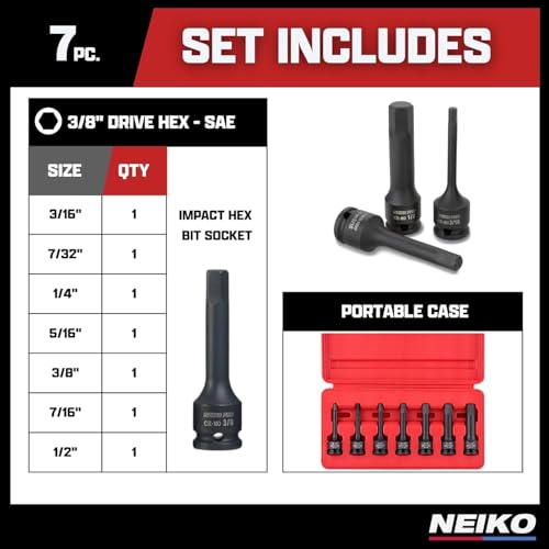 NEIKO 01131B 3/8-Inch-Drive Allen Socket Set, 3-Inch Length, 3/8-Inch Impact Hex-Bit Socket Set, SAE Hex Driver 3/16" to 1/2", CrMo Steel, Impact-Grade, 7-Piece Set - style: SAE