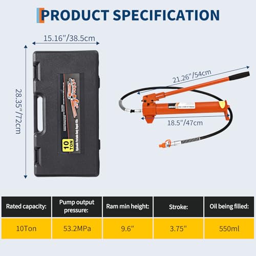 Porta Power Hydraulic Jack Kit with Leak-Proof Hose, Auto Body Frame Repair Tool for Lifting & Metal Bending, Heavy Duty Hydraulic Ram Set with Storage Case