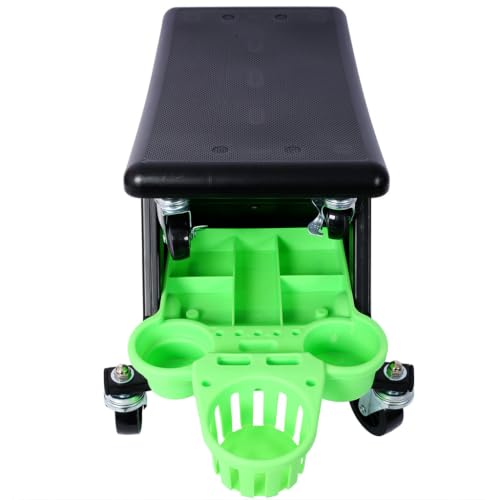 Mechanic Creeper Seat, Rolling Garage Stool with Detachable Cushion, Storage Drawer, Tool Trays, 300 lbs Heavy Duty, 360° Swivel Wheels for Auto Repair Workshop, Green