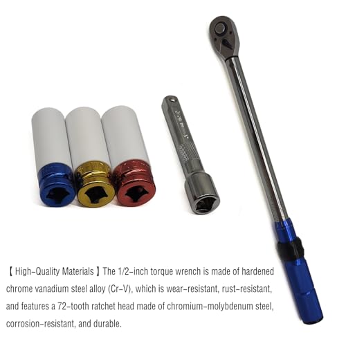 5 PCS 1/2 Inch Drive Click Torque Wrench, 20-210 Nm Dual-Direction Adjustable 72 Tooth Torque Wrench with 17, 19, 21mm Sockets for Car Engine Repair Suspension System Tire Bolt Tightening