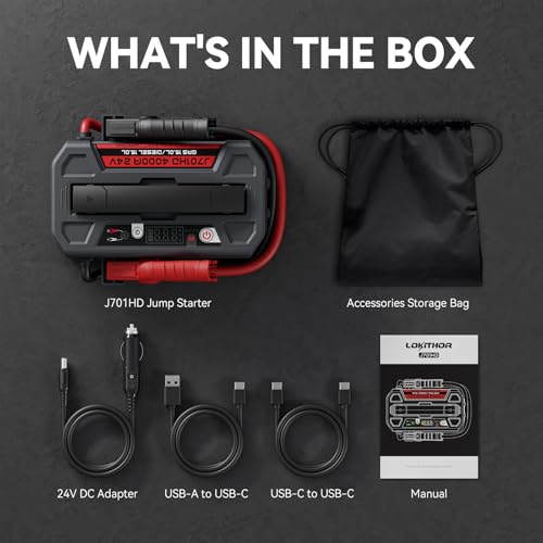 LOKITHOR J701HD 4000A Peak Heavy Duty Jump Starter, 24V Portable Jump Box for Up to 15L Gas or Diesel Engines, 100W Two Way Quick Charge Power Bank & DC Out, 400LM Lights