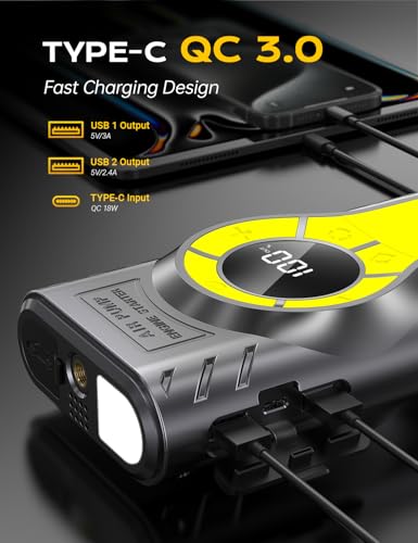 Car Jump Starter with Air Compressor,7000A Jump Starter Battery Pack (All Gas/12.0L Diesel) 12V 160PSI Auto Battery Booster,Jumper Cables with LED,Portable Lithium Jump Box with QC3.0 - color: Black Yellow