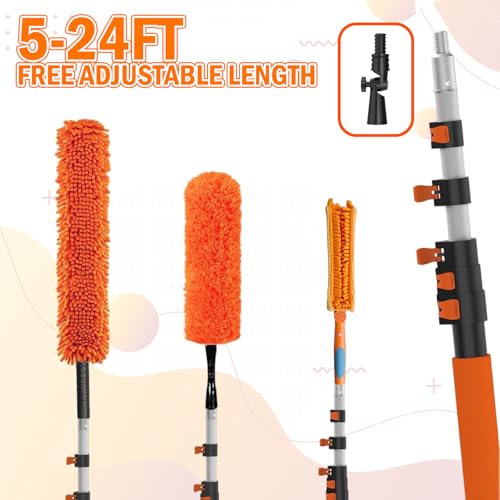 LAANPOLE 30FT Reach Ceiling Fan Cleaner Duster, Fan Blade Cleaner Kit with 5-24FT Extension Pole, Microfiber Duster & Replaceable Cleaning Cloth for Blades, Ceiling, Furniture - size: 24FT
