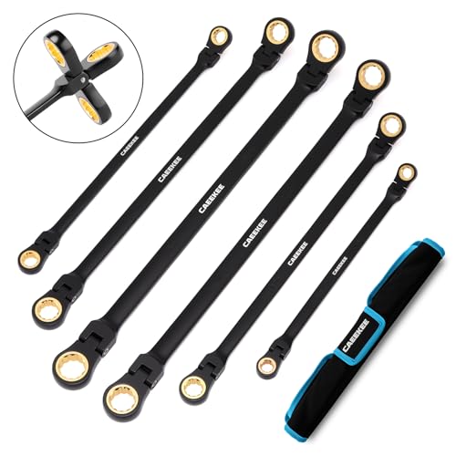 Extra Long Flex-Head Ratcheting Wrench Set(8-19mm), 6PCS Double Box End Long Reach Ratchet Wrench Set, Metric, CR-V Steel, 12 Point, 72-Tooth Ratchet, with Storage Pouch - style: 6-Piece Set (Extra Long Flex-Head Metric)