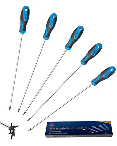 ROTATION Extra Long Torx Screwdrivers Set (5pc Set), S2 Steel, blade length 12-inch T15-T30, plus Long star Screwdrivers, 5-Piece Set