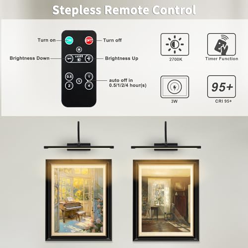 JOOSENLUX 16" Dimmable Picture Light, LED, Battery Operated, Wireless, Adjustable Arm, Remote Controlled, Rechargeable, Wall-Mounted, Modern & Stylish - Ideal for Gallery, Library, and Photo Display - color: Black, size: Model A