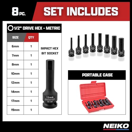 Neiko 01136B 1/2-Inch Drive Allen Hex Impact Socket Set, Metric, 6 mm - 19 mm, Cr-Mo, 8-Piece - style: Metric