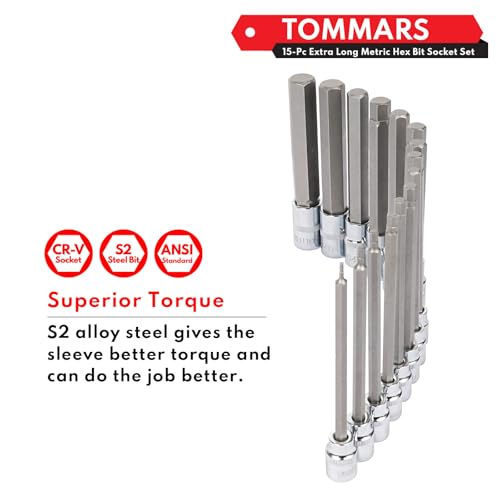 TOMMARS 15-PC Metric Extra Long Hex Bit Socket Set H2-H19 | Extra Long Socket Set, H2-H19, S2 Alloy Steel, 3/8" 1/2" Drive - style: 2-19mm(15PCS)
