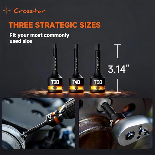 Crosstar 3pcs T60 Impact Torx Bit Socket Set, 1/2" Drive Cr-Mo Steel, Long High Impact Star Sockets for Automotive & Heavy-Duty Use, Professional Mechanic Tools with Transparent Case - size: T60 (Long)