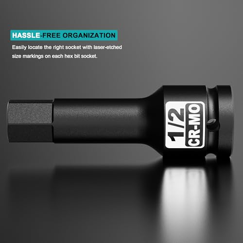 1/2" Drive H1/2-Inch Impact Hex Bit Socket, SAE Allen Bit Socket, Cr-Mo Steel, Removing Loosening Hexagon Bolts - size: 1/2" H1/2 Deep
