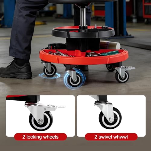 Frassie Rolling Mechanic Garage Seat Stool with Modular Removable Tool Tray, Pneumatic Height Adjustable Rolling Shop Chair for Auto Repair 300 LBS Capacity