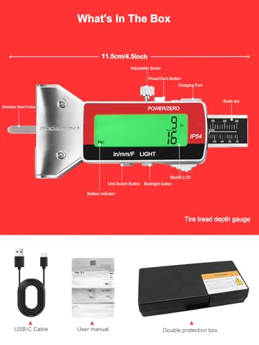 GODESON Tire Tread Depth Gauge,Rechargeable Digital Tire Depth Gauge - USB-C,3-Unit Switch (mm/Decimal/Fraction Inch), Backlit LCD Display, Auto Power Off, 0-32NDS for Car/SUV/Truck Wear Measurement