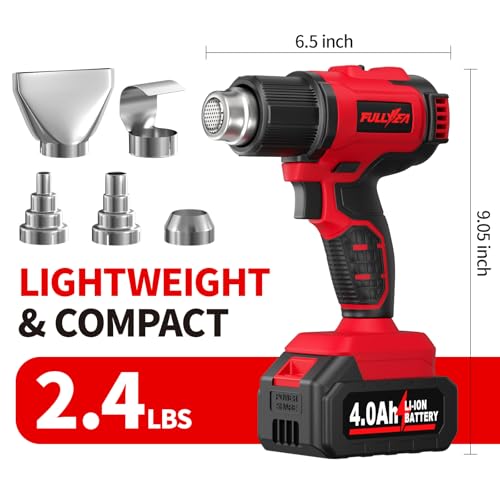 Cordless Heat Gun, Max 550°C (1022°F), Hot Air Gun Kit with 5 Nozzles & 2x4.0Ah Batteries, Fast Heating, 2-Temperature Setting, Portable Heat Gun for Shrink Tubing, PVC Wrap, Crafts (Red)