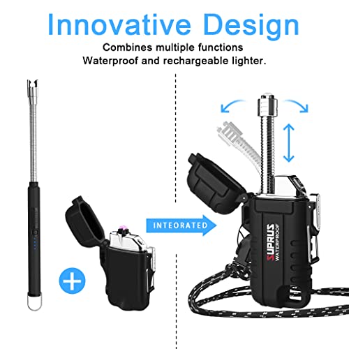 SUPRUS Waterproof Lighter Windproof Lighter Arc Plasma Lighters USB-C Rechargeable with Expandable and Flexible Neck for Outdoor, Camping & Kitchen (Black, 2Packs) - color: Black, 2packs