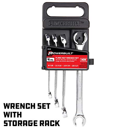 Powerbuilt 4 Piece Metric Flare Nut Wrench Set, Size Includes 9mm x10mm 11mm x 12mm 13mm x 14mm 15mm x 17mm Flare Nut Wrench, Chrome-Vanadium made - 640186 - size: 4pc Metric, style: Flare Nut