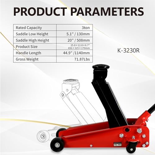 3T Low Profile Steel Floor Jack, 6000 lb, Single Pump, 5.1"-20" Lift, Red | Heavy-duty steel construction. Single piston quick lift pump. Low profile design. Safety overload protection. - size: 3T Single Pump 5.1"-20"(Red)