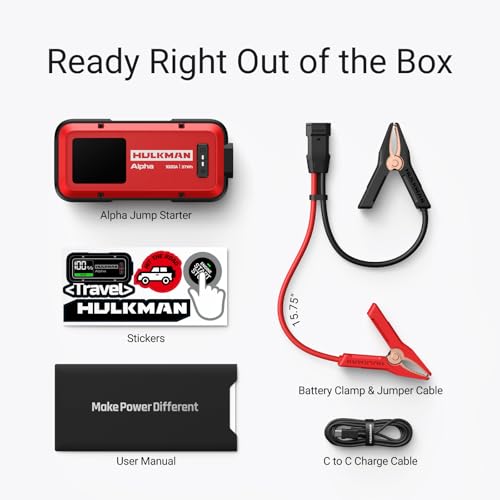 Hulkman Alpha,Ultra Red,1000A 37Wh Jump Starter,10000mAh Power Bank, Portable,12V Jump Box with Jumper Cables,45-Min Full Recharge,24-Month Standby,Easy Start,IP65,LED Display,for 6.5L Gas/3.0L Diesel - style: 1000A&37Wh