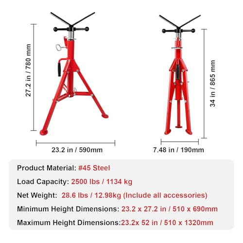 V Head Pipe Stand, 2500LB Adjustable Heavy Duty Pipe Jack Stands | Folding heavy-duty V-head pipe stands for welding. 2500LB capacity, 27.2-52 in adjustable height. Supports 1/2-24 in pipes.