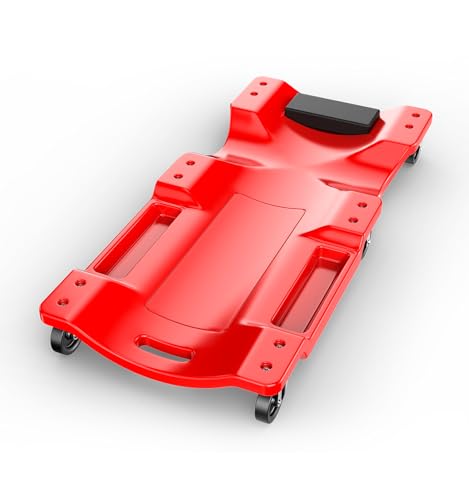 40 Inch Low Profile Mechanic Creeper, Heavy Duty Blow Molded Rolling Garage Creeper with Padded Headrest, Dual Tool Trays, 6 Steel Ball Bearing Swivel Casters, 350 lbs Capacity, Red - size: 40"